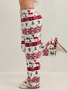 女士圣诞驯鹿和圣诞树印花喇叭法兰绒裤配同款蓬松围巾两件套，秋冬季，舒适保暖 - 米色 - 查看 4