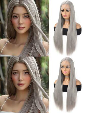 灰色直发蕾丝前假发，13x4 银色合成假发，预拔小结，可直接佩戴，长直发灰色无胶假发，耐热，自然密度，26 英寸，适合日常派对佩戴