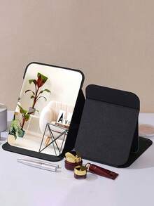 1pc Simple Bathroom Makeup Mirror, Portable Desktop Vanity Mirror, Office Desk Stand Mirror, Handheld Cosmetic Mirror, Adjustable Tabletop Mirror, Student Dormitory Dressing Table Mirror, Home Decoration, Room Decoration, Bathroom Accessory Home Bathroom Decor Fall Decor Makeup Organizer Bathroom Accessories Back To School - Black - View 3