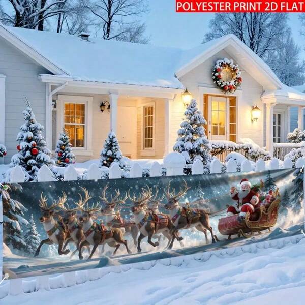 2D Plan, 1 Bandera Alegre de Navidad - Logotipo de Fiesta de Navidad con Copos de Nieve, Decoraciones y Texto "Feliz Navidad", Decoración de Poliéster, Apta para Uso Interior/Exterior, Sin Electricidad Requerida, Decoración Navideña