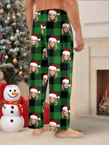 Personalized Photo Printed Pajama Pants With Santa Hat, Casual Home Plaid Christmas Trousers, Christmas Gift For Men, Winter - Multicolor - View 3