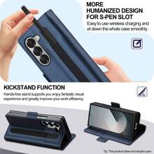 OUKNOEO 时尚商务仿皮手机壳，兼容三星 Galaxy Z Fold 7 6 5 4 3，带笔槽和 3 个卡槽，防盗毛绒钱包式保护套 - 藍色 - 查看 5