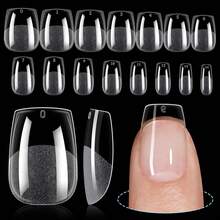 450片超短棺材形假指甲，15种尺寸可选 - 预成型半哑光全覆盖凝胶指甲贴片，柔软亚克力指甲贴片，适用于美甲延长，适合初学者、节日DIY、美甲沙龙使用 - 無色 - 查看 7