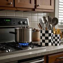 Checkered Utensil Holder, 15.8 Inch Ceramic Spatula Holder, Black Cooking Kitchen Utensil Holder Countertop, Kitchen Decor And Accessories Counte