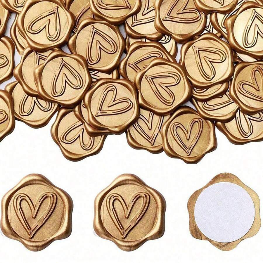 10/20/30/50/100 Pcs Heart/You're Invited/Rosemary/Wreath/Bow Pattern Self-Adhesive Wax Seal Stickers For Gifts Wedding Invitation Envelope Sealing - Brown - View 1