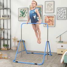 HOMCOM Kids Gymnastic Bar, Foldable Horizontal Bars W/ Adjustable Height, Training Bar W/ Triangle Base - Blue - Blue - View 1
