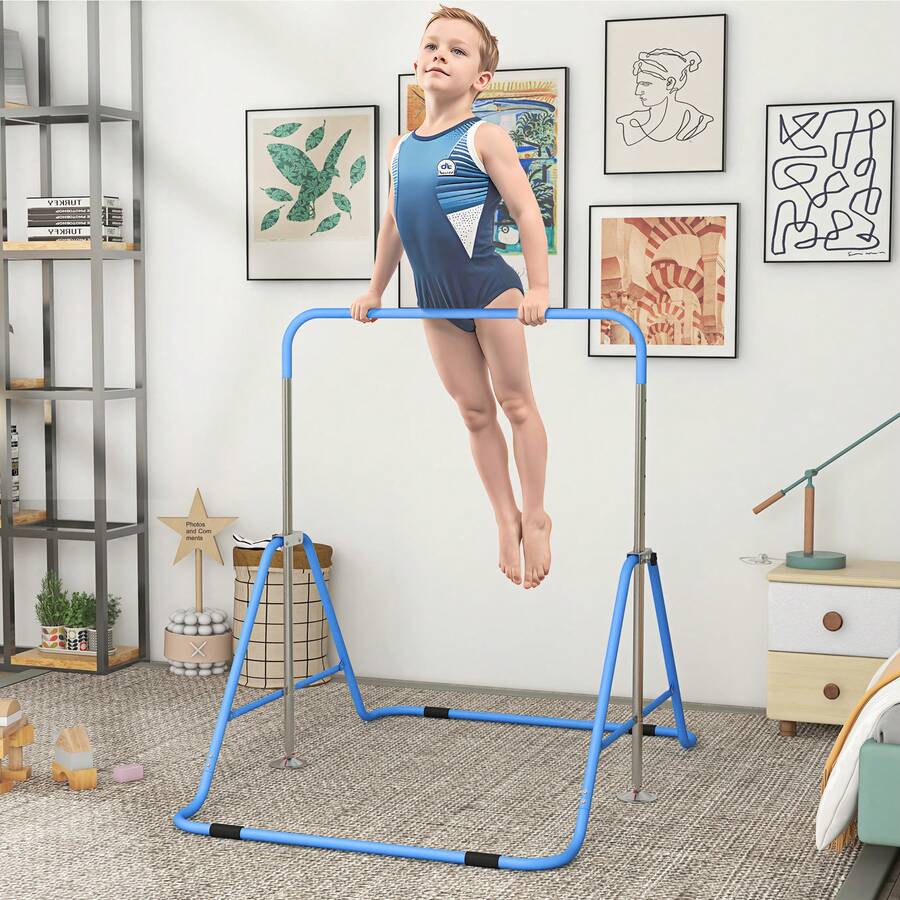 HOMCOM Kids Gymnastic Bar, Foldable Horizontal Bars W/ Adjustable Height, Training Bar W/ Triangle Base - Blue - Blue - View 1