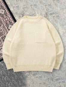 男士休闲宽松纯色套头衫，百搭优质口袋设计长袖圆领针织上衣，适合通勤，秋冬