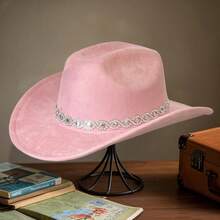 Rhinestone Western Cowgirl Hats Fashionable Elegant Wide Brim Fedora Caps For Women And Men - 粉色 - 查看 3