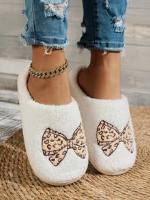 Women Slippers Leopard Bow Embroidery Flat Warm Winter House Comfy Shoes - màu nâu - Xem 4