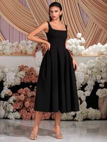 Váy dự tiệc midi cổ vuông ren cạp cao màu đen thanh lịch cho buổi dạ hội, tiệc sinh nhật, hẹn hò buổi tối, tiệc về quê, tiệc cưới, tiệc cocktail cho khách, lễ hội gia đình - màu đen - Xem 8