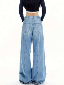 Tween Girl Vintage Baggy Straight Leg Washed Denim Jeans Pants - Blue - View 2