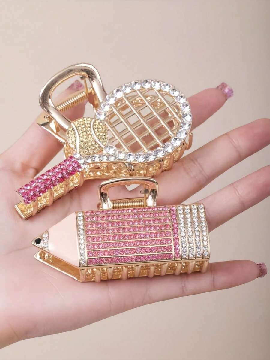 1 pieza Pinza de pelo con diamantes de imitación de lujo para mujer, elegante clip de pelo con diseño de raqueta de tenis con diamantes de imitación, accesorio de pelo versátil, elegante y de alta gama, adecuado para el uso diario, citas, vacaciones, fotografía y decoración académica. Pinzas de otoño para el cabello, accesorios de invierno para el cabello de mujer.