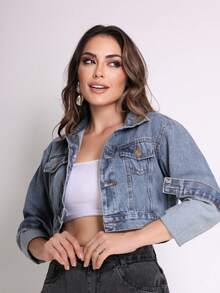 Cropped Denim Jacket With Hem, Women's Fashion - 中等水洗藍 - 查看 2