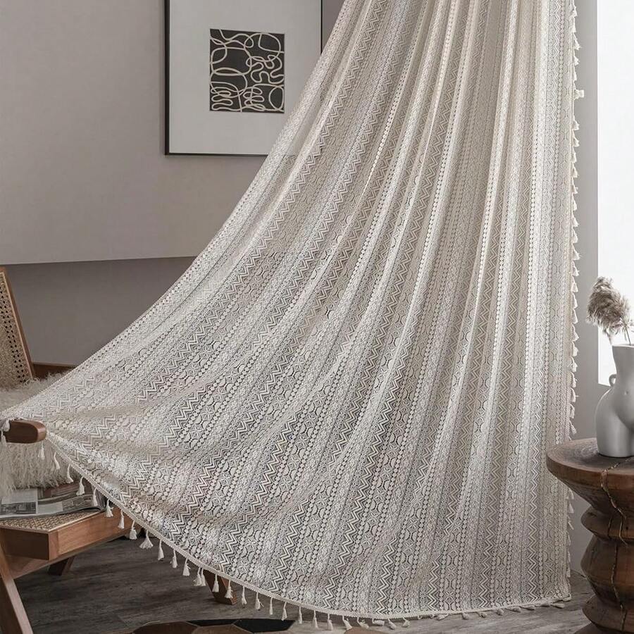 Crochet Boho Curtain 63 Inches Length, Sheer Lace Handmade Tassels Knitted Window Treatment Vintage Rustic Bohemian Farmhouse Drape For Bedroom Rod Pocket 1 Panel 59" W X 63" L, Beige Wave - 米色波浪鉤針編織59寬x63公升1包 - 查看 1