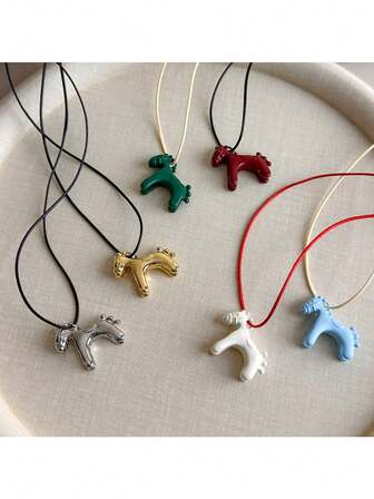 1pc Colorful Enamel Glazed 3D Mini Horse Pendant Necklace, Casual Knotted Sweatshirt Chain, Cute & Playful For Summer