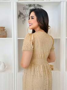 Vestido Aurora De Renda Feminino Midi Elegante Moda Casamento Festa ano novo - Caqui - Visão 5
