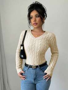 1pc Teen Girls' Simple Solid Color Comfortable Casual Outdoor Warm Thick Twist Rope V-Neck Knit Sweater, Suitable For Spring, Autumn & Winter - Apricot - View 3