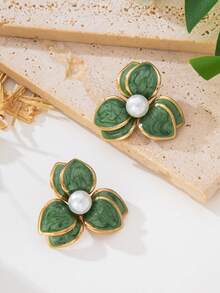 1 Pair Elegant Handmade Green Double-Layer Flower Stud Earrings With Pearls Inlay For Women - Green - View 2