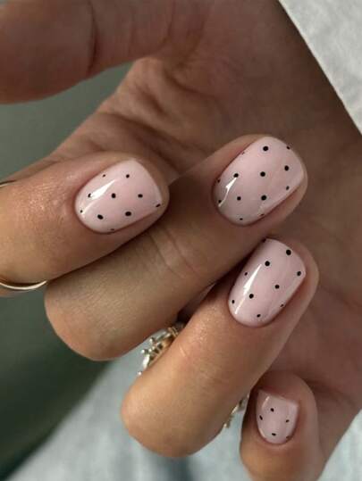 24pcs Black Polka Dot Short Square Nail Stickers Set, Includes 1pc Adhesive Sticker And 1pc Mini Nail File, Suitable For Daily Wear Nails Nail Supplies