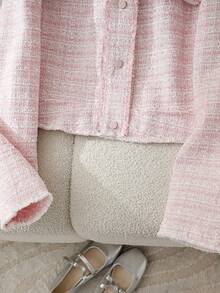 女士优雅通勤粗花呢夹克，带花卉图案和前扣，秋冬 - 粉色 - 查看 6