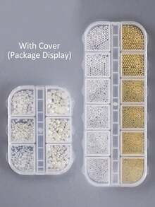 2件套3D美甲仿珍珠钢珠装饰套装，金色、银色、白色，半圆形平底仿珍珠美甲饰品，金属珠子，奢华美甲装饰配件，沙龙美甲用品 - 彩色 - 查看 10