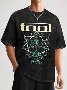 EWH Rock Tool Band Theme, Men's Washed T-Shirt, Skull Mysterious Symbol Print, Vintage Loose Short Sleeved ShirtDG004 - màu đen - Xem 2