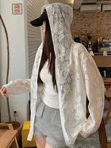 法式蕾丝拉链连帽薄款开衫，休闲轻薄长袖外套，适合春夏季 - 杏色 - 查看 1