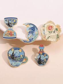 Set de 5 piezas de pines esmaltados con diseños de la Noche Estrellada, pintura al óleo de Van Gogh, broches, insignias de solapa, regalos de joyería de arte divertido con animales para niños y amigos