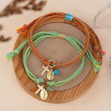 1PC Bohemian Cross Half Stone Bronze Adjustable Rope Bracelet For Women & Couples - Stackable, Gift For Her, Christian Jewelry