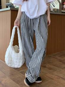 Plaid Clash Drapeado Mujeres Verano de talle alto de pierna recta Arrastre Pantalones Pantalones Largos Pantalones casuales de corte recto y corte holgado con rayas de colores lisos Pantalones de Mujer - Negro - Ver 5