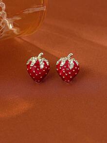 1 Pair Retro Cute Strawberry Rhinestone Stud Earrings, Suitable For Daily Wear And Gift - 紅色 - 查看 2