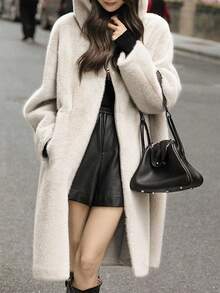 Chaqueta casual de piel sintética con bolsillos y cordón para mujer, de unicolor, de felpa, elegante y de moda para otoño/invierno