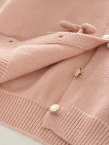 女童可爱蝴蝶结纯色单排扣毛衣上衣和裙子两件套冬季保暖衣服套装小女孩 - 粉色 - 查看 6