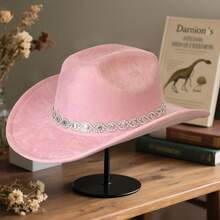 Rhinestone Western Cowgirl Hats Fashionable Elegant Wide Brim Fedora Caps For Women And Men - 粉色 - 查看 5