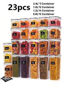 18/48pcs Airtight Storage Bins, Multi-Purpose Leak-Proof And Reusable Food Storage Jars, Portable And Stackable Food Airtight Bins For Cereals, Snacks, Tea And Pasta, Labels, Markers, Household Kitchen Items,Storage Containers - Black and White - View 18
