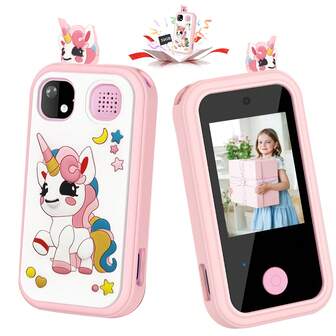 Juguete de teléfono inteligente para niñas, teléfono de juguete con pantalla táctil HD y cámara dual de unicornio, cámara de video digital HD con funda protectora de silicona, regalo de Navidad y cumpleaños para niñas de 6 a 12 años