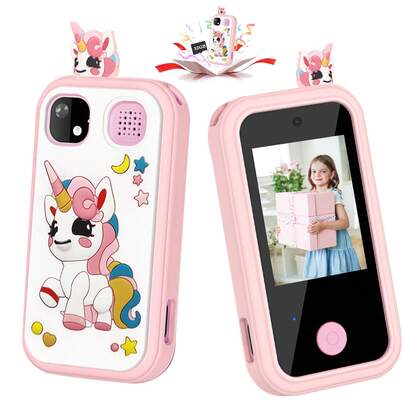 儿童智能手机玩具，女孩礼物，触屏高清双摄像头独角兽儿童手机玩具，高清数码相机，带硅胶保护套，圣诞节生日礼物，适合6-12岁女孩