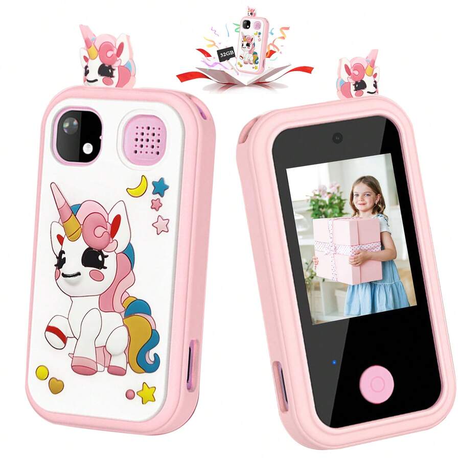 儿童智能手机玩具，女孩礼物，触屏高清双摄像头独角兽儿童手机玩具，高清数码相机，带硅胶保护套，圣诞节生日礼物，适合6-12岁女孩 - 彩色 - 查看 1