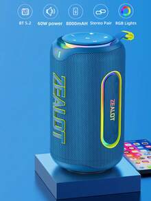ZEALOT MP1 60W High-Power Wireless Speaker, Portable Outdoor Subwoofer With 1 Speaker, 8000mAh Battery, RGB Lights, SD Card/USB/AUX Support, Dual Speakers, Hands-Free Calling, Compatible With Phones/Tablets/TVs/Computers, Suitable For Outdoor Parties, Home Gatherings, Beach Parties