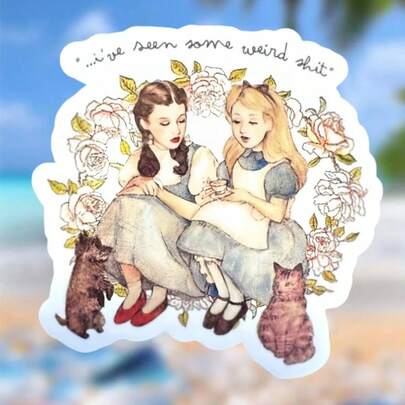 1PC 3-Inch Waterproof Outdoor PVC Removable Retro Vintage Funny Quote Sticker With 'I've Seen Some Weird ' Text And Whimsical Girls And Animals Design, Perfect For Cars, Laptops, Refrigerators, Skateboards, Phones, Books, Water Bottles, Aesthetic Decorative Decal For Young Adults, Cottagecore Humor Sticker For Women And Teens, Stylish Gift Idea