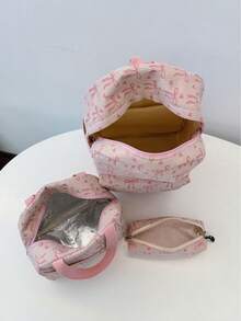 Bộ 3 balo nơ, kiểu dáng nữ tính; balo học sinh kiểu Hàn Quốc bằng vải nhung kẻ; balo - Hồng - Xem 9