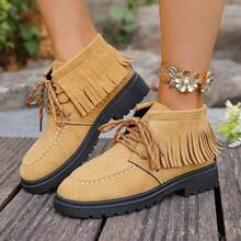Botas de Cano Médio Retrô com Cadarço, Bico Redondo, Franjas, Sola Plana, Adequadas para Praia, Campus, Casa, Outono/Inverno - Castanho - Visão 11