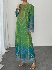 一件女士印花长袖直筒连衣裙，休闲绿色连衣裙，优雅阿拉伯风格长袍，适合春季奢华派对活动 - 綠色 - 查看 3