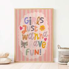 1幅带框帆布墙画，儿童房装饰，“女孩只想玩得开心”励志名言画，彩虹艺术，波西米亚风格，婴儿房/儿童房装饰，孕妇房装饰 - 彩色 - 查看 2
