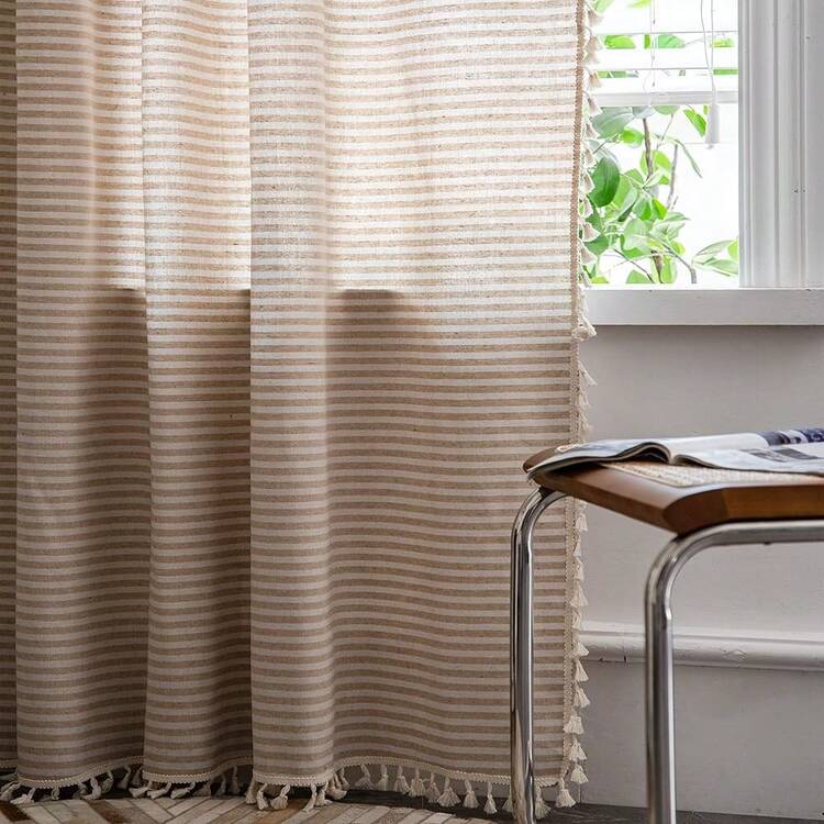 Boho Curtain 84 Inches Length, Beige Stripes Print Curtain With Handmade Tassels, Rod Pocket Window Treatment Vintage Rustic Bohemian Farmhouse Drape For Bedroom 1 Panel 59" W X 84" L - BeigeStripes59Wx84LPackof1 - View 4