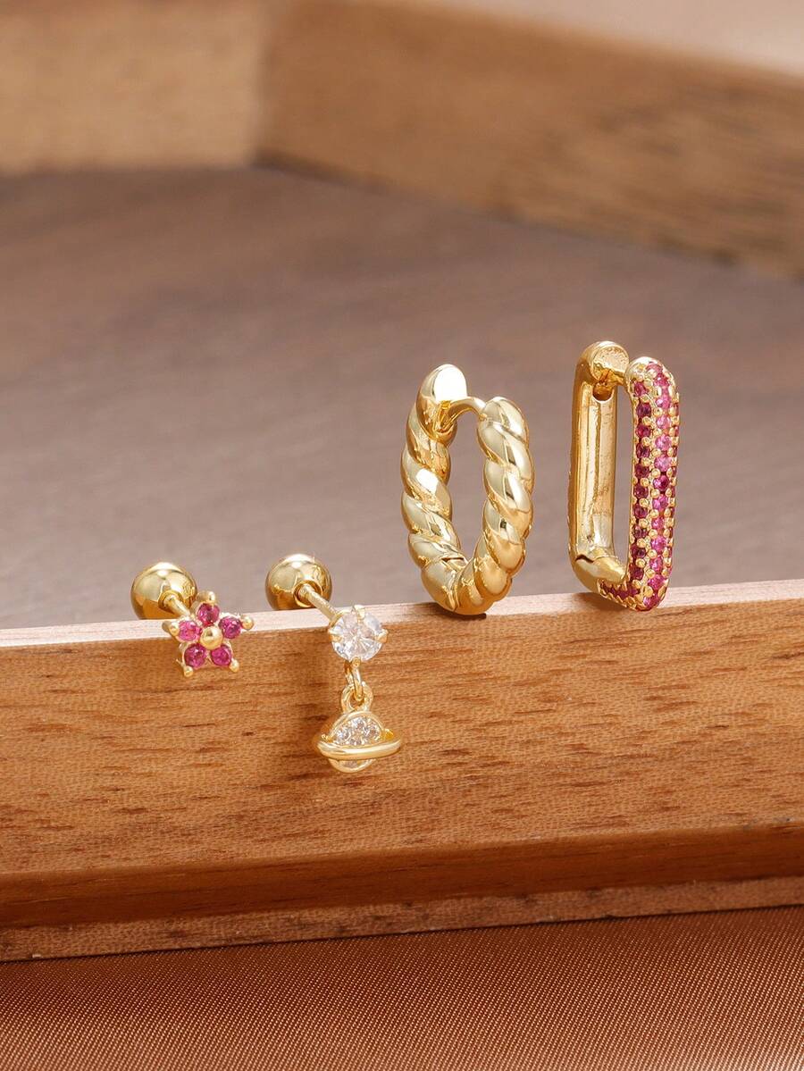 4PCS Minimalist Geometric Stainless Steel Crystal CZ Big Hoop Earrings Ear Stud For Women Fashion 18K Gold Plated Wedding Jewelry Gift