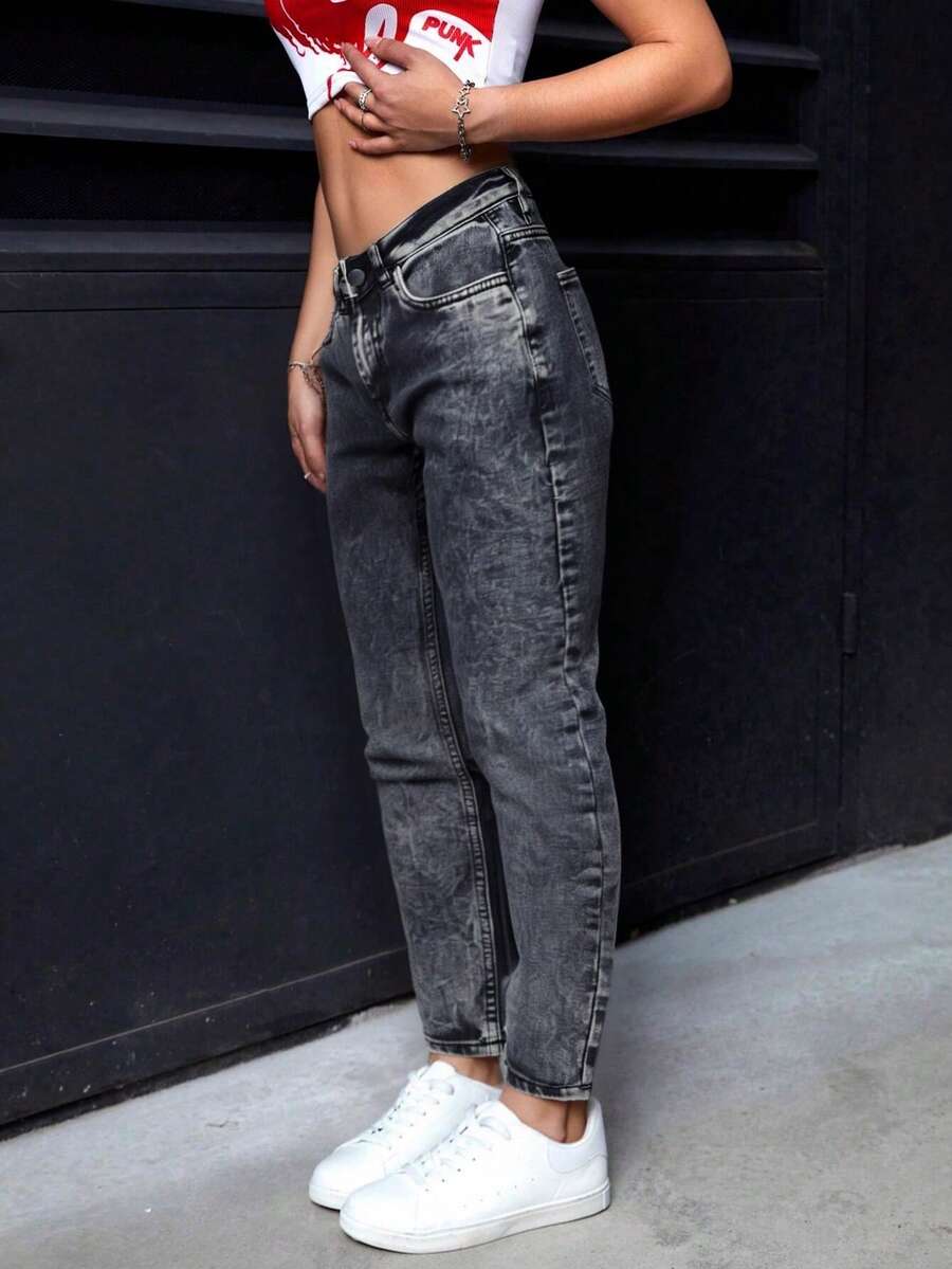 Pantalones vaqueros informales de mujer con bolsillos de forma cónica y multiusos - Blanco y Negro - Ver 1