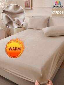 2/3pcs Beige Velvet Fitted Sheet Set Warm Soft Solid Fuzzy Fitted Sheet Set King Queen Full Twin Size, Luxury Super Soft Cozy Comfy Bottom Sheet With 11.8" Deep Pocket,Suitable For Fall Winter And Spring 1Fitted Sheet+1/2Pcs Pillowcases Domitory Bedding Back School Bedding