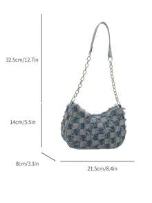 Fashionable Versatile Solid Color New Floral Print Shoulder Bag, Casual Minimalist Baguette Small Square Bag For Women - Blue - View 5